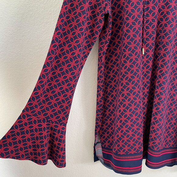 Michael Kors Womens Large Long Sleeve Stretch Top Red Rope Print V Neck Blouse - Picture 9 of 11